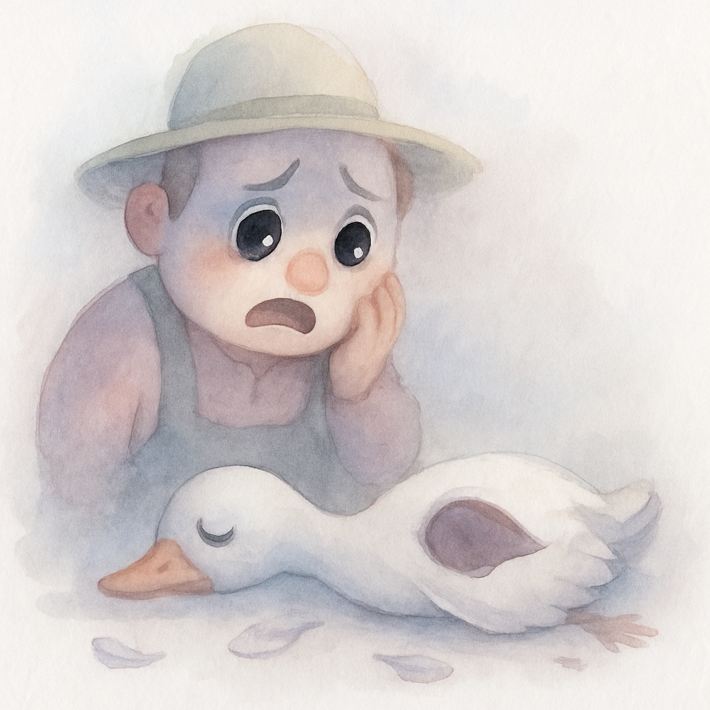 농부가 거위 배를 열어봤지만 아무것도 없고 거위가 죽은 장면